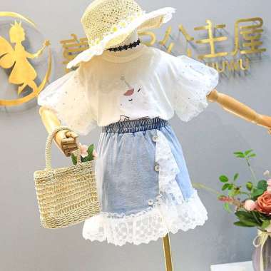 Setelan set 2in1 anak perempuan kaos uni cute girl + rok jeans setelan baju anak cewek kaos unicorn 