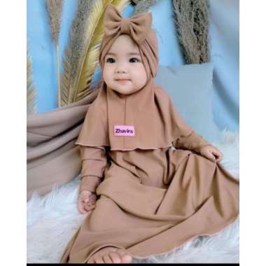 Baju Bayi 0-1 Tahun 1 - 4 Tahun Baju Anak Perempuan Gamis Bayi Plus Kerudung Zhavira Anak wanita Pakaian Wanita anak Dress Muslim Anak Baju anak Kecil L Moka