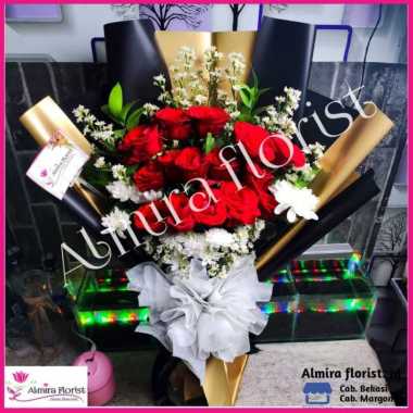 Bouquet bunga mawar isi 15 tangkai | buket bunga asli segar Gold-Hitam