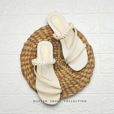 Sandal Teplek Wedges Wanita Slop Tali kepang Remaja kekinian/Sendal Selop Slip On Tali Terbaru 41 krem