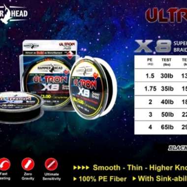 Senar pancing PE benang PE hammer head ultron X8 150m black tali senar pancing 35 LB