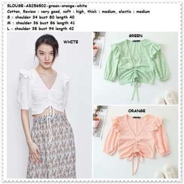 AB256502 Baju Atasan Serut Blouse Wanita Korea Orange Putih Green