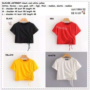 AB755807 Baju Atasan Serut Wanita Crop Blouse Korea Hitam Putih Merah