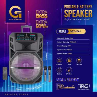 G-POWER PROFESIONAL PORTABLE BATTERY SPEAKER GST 1801 7KNOP FREE 2 MICROPHONE WIRELESS