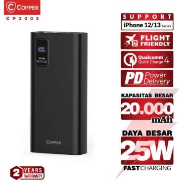 COPPER POWERBANK LED 20000 MAH - CP3002 | 25W POWER DELIVERY QC 4.0 - Hitam Putih