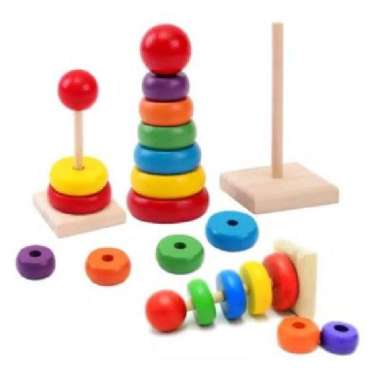 Mainan Edukasi Ring Donat Kayu - Rainbow Tower Puzzle - Stacking Ring Merah