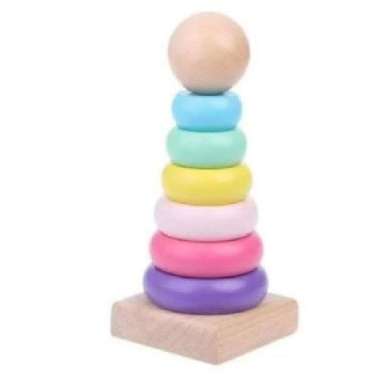 Mainan Edukasi Ring Donat Kayu - Rainbow Tower Puzzle - Stacking Ring Pastel