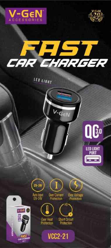 Car Charger V-GeN VCC2-21 Dual USB Fast Charging QC 3.0 Charger Mobil Putih