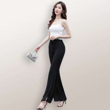 Celana Panjang Sifon wanita gaya korea wanita variasi tali - Jfashion Clyde M-L Hitam
