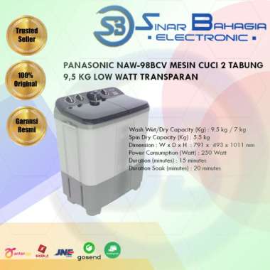 PANASONIC NAW-98BCV MESIN CUCI 2 TABUNG 9,5 KG LOW WATT TRANSPARAN (NEW) (KHUSUS BANDUNG)