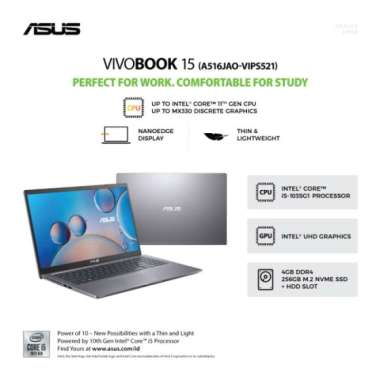 ASUS VivoBook 15 A516JAO-VIPS521 - Slate Grey [ntel® Core™ i5-1035G1 / Intel® UHD Graphics / 4GB / 256GB / 15.6inch / Win11 / OHS] Grey