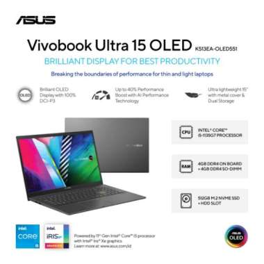ASUS VivoBook Ultra 15 K513EA-OLED551 - Indie Black [Intel® Core™ i5-1135G7 / Intel Iris Xᵉ Graphics / 4GB+4GB / 512GB / 15.6inch / WIN11 / OHS]