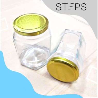 BOTOL KACA / JAR SELAI BENING SEGI ENAM TUTUP GOLD 500ML