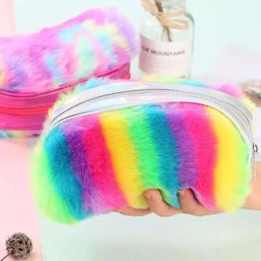 Tempat Pensil Bulu /Tempat Make Up Bulu Hologram Jumbo Multicolor