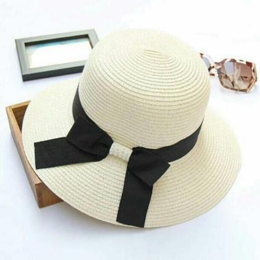D&D Hat Collection Pita Hitam Busur Topi Pantai Wanita Offwhite