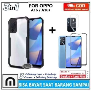 Paket 3in1 Case Oppo A16 A16s Casing Transparan+Anti Gores Kaca Full Layar+Anti Gores Kamera Case Sh