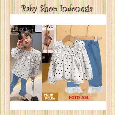 Setelan Baju Tunik Anak Perempuan Lengan Panjang Polkadot Softjeans L Putih Polka