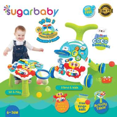 Sugar Baby 10in1 Premium Activity Walker & Table - Coco Basketball Biru Hijau