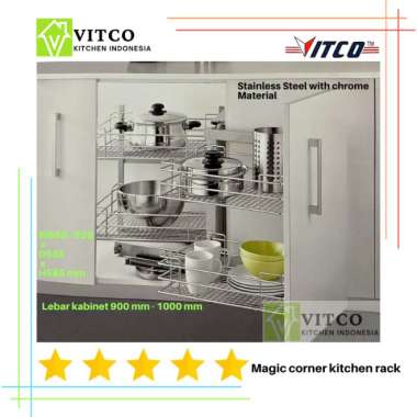 VITCO Magic Corner Kitchen Rack/ Rak Sudut untuk Kabinet 900 - 1000 mm Stainless Steel Kiri