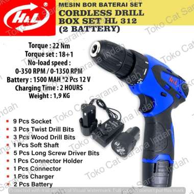 H&L HL 312 MESIN BOR BATERAI CAS DAPAT 2 PCS BATERAI 12V HNL CORDLESS DRILL BOX SET HL312 BOR CAS EL