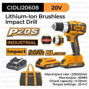 Cordless Impact Drill 13mm Brushless INGCO CIDLI20608 Bor Beton P20S