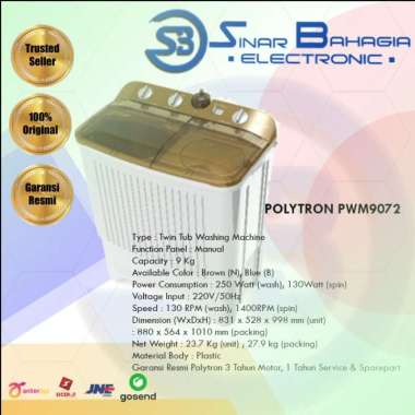 POLYTRON PWM-9072 MESIN CUCI 2 TABUNG 9 KG (NEW) (KHUSUS BANDUNG)