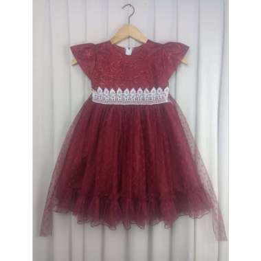 Dress Anak Perempuan dengan Brokat untuk Pesta dan Kondangan/Baju Pesta Anak Perempuan Brokat Lucu/Gaun Anak Perempuan Brokat 11-12 tahun Maroon