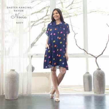 Dress Rayon Kancing Motif Novia Novia Navy