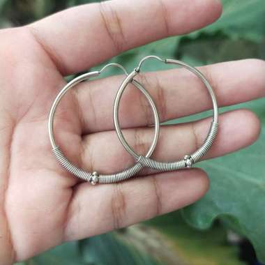 Anting Earrings Perak Silver Bali Bulat Hoop Lebar Lilit Bandul Jawan Budhis Asli 925