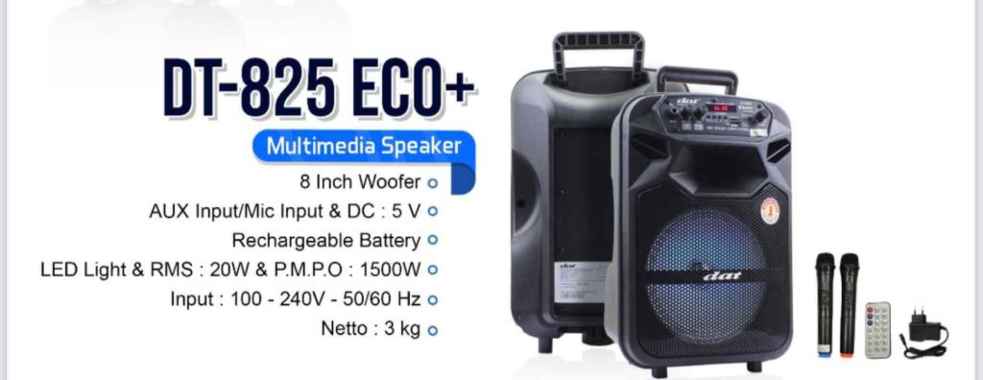 SPEAKER TROLLEY DAT DT825 ECO+ 2 MIC 8 INCH + 2 MIC WIRELESS Original