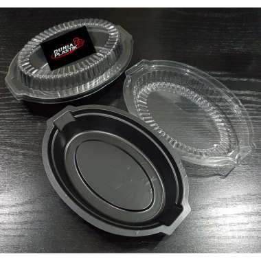 Isi 50pcs Tray Spaghetti Mika Oval Box makanan Warna Hitam / Merah + Tutup wadah kemasan plastik mie