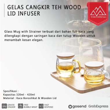 TEA GLASS GELAS TEH SARINGAN MUG GELAS CANGKIR TEH WOOD LID INFUSER COCO-420ML