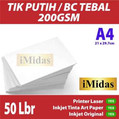 kartu tik putih 200 gram a4 isi 50 / kertas hvs bc tebal halus 200 gsm Multicolor