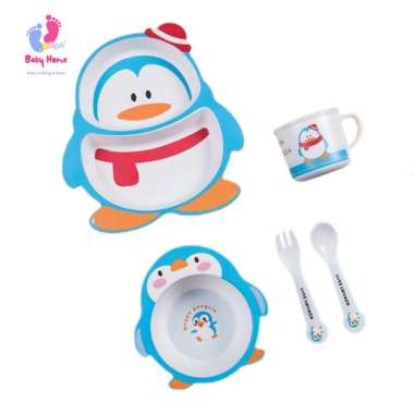 Piring Set Alat Makan 5in1 Anak Karakter Lucu Bamboo Kids Tableware Pinguin