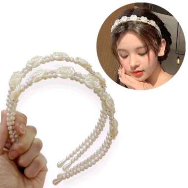 Bando Mutiara Double Rose Flower Bunga Mawar Pearl Headband Hairband Hairpiece Korean Bandana Korea
