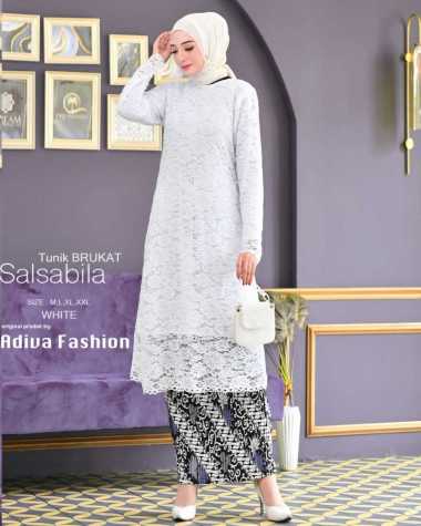 Setelan Kebaya Tunik Longcape Brokat / Kebaya Muslim Tunik M SET PUTIH