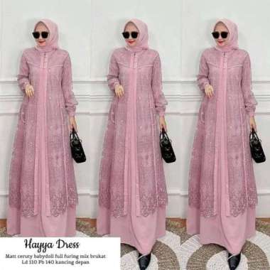 Baju Gamis Wanita Muslim Hayya Dress BO Bahan Kain Ceruty Babydoll Mix Brukat Gamis Mewah Dress Wani