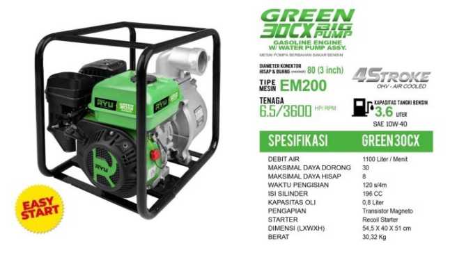 MESIN POMPA AIR/GASOLINE WATER PUMP GREEN30CX - TEKIRO RYU