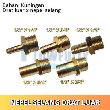 NEPEL SELANG DRAT LUAR 1/2 X 5/8 INCH KUNINGAN SAMBUNGAN DRAT LUAR