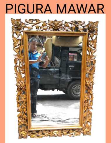 kaca cermin ukir jati mawar Helios