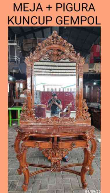 meja konsul + kaca cermin ukir jati kuncup gempol Helios