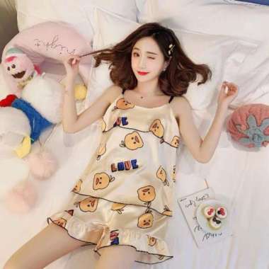 Baju Tidur wanita/pakaian tidur satin/baju tidur import Premium Kuning XL