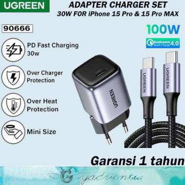 Ugreen Kepala Adapter Charger Set USB Type C iPhone 15 Pro Max 30W + Kabel C to C 100W