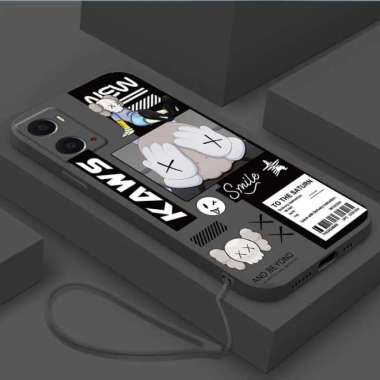 Casing Oppo A76 A96 Trendy Smile FREE TALI LANYARD Silicone Square A76/A96 Hitam