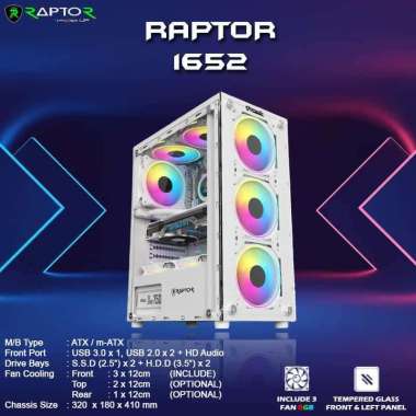 Casing Raptor Black Strike 1652 Free 3 Fan RGB ATX - Putih, 3 FAN hitam
