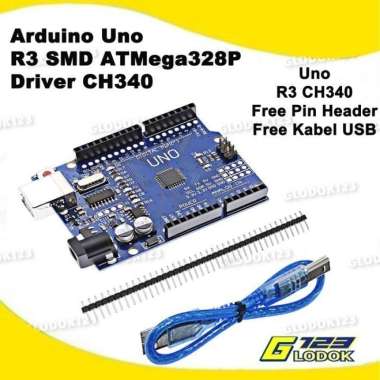 ARDUINO UNO R3 SMD CH340 ATMEGA328P + PIN HEADER + KABEL USB Tanpa Bubble