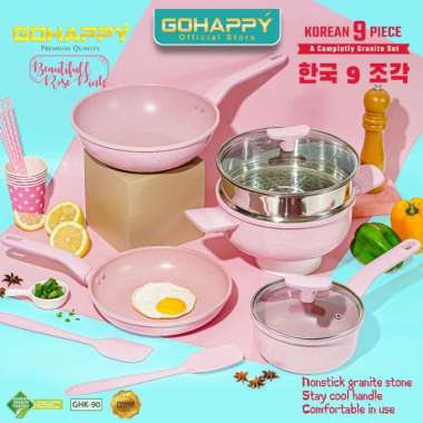 ZS Mayba - Panci Set 9 Pc Korean Granit Wok Casserole Steamer Sauce Pan Ghg90 PINK
