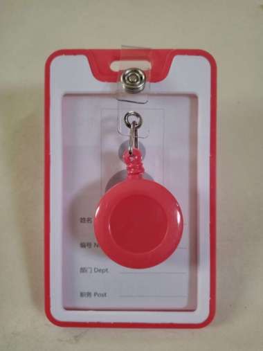 ID Card Holder Plastik Keras Vertikal 2 Sisi 1 Slot Kartu dengan Yoyo Tarik Merah
