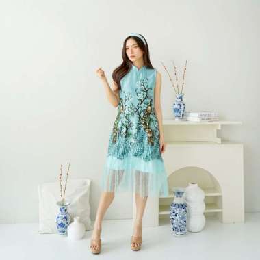 CHEONGSAM DRESS BATIK IMLEK SATIN PRINTING#BATIK LAMARAN QIBAO SANGJIT EF971 BCY_BLUE