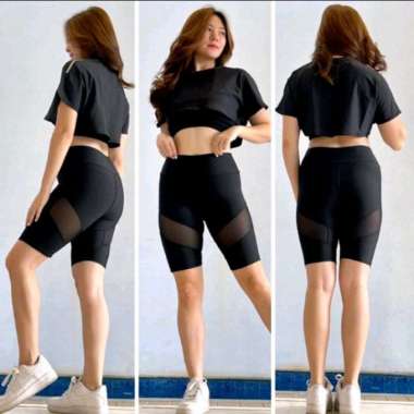 Setelan Shortpant tile new crop outer gym untuk senam gym fitness zumba Magenta